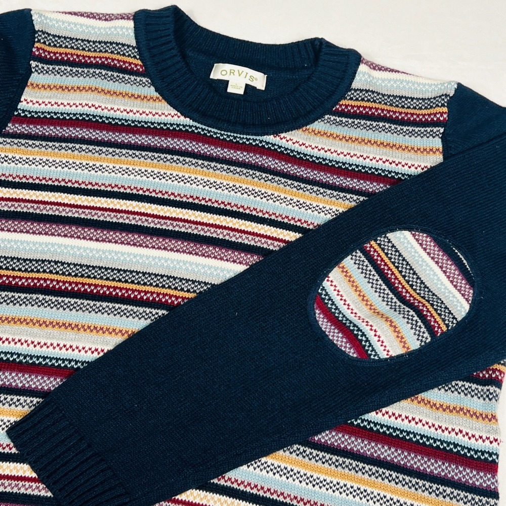 Orvis Womens Striped Crewneck Sweater Navy Blue Knit Elbow Patches Large